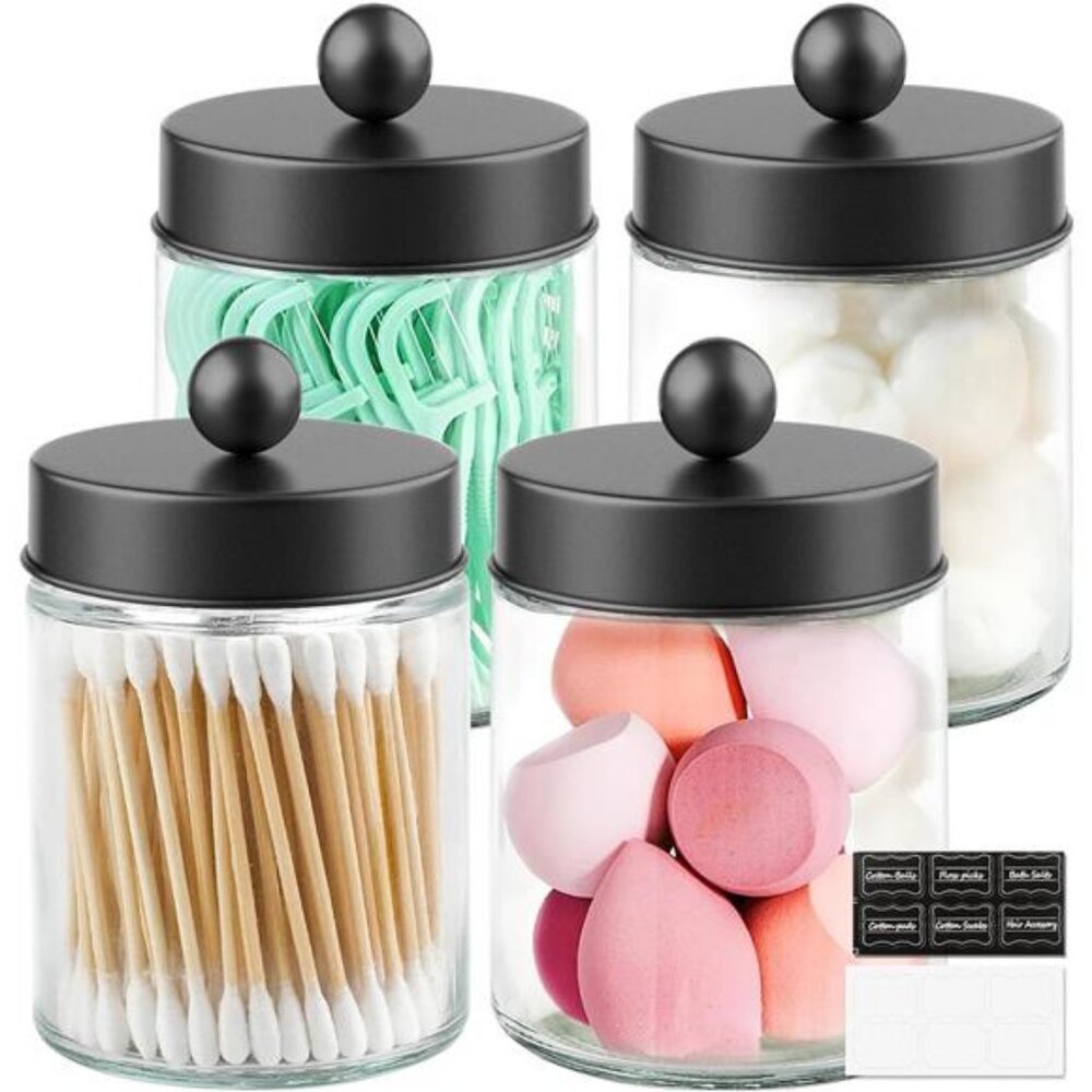 4 Pack Glass Apothecary Jars with Lids for Bathroom, Cute Qtip Holder